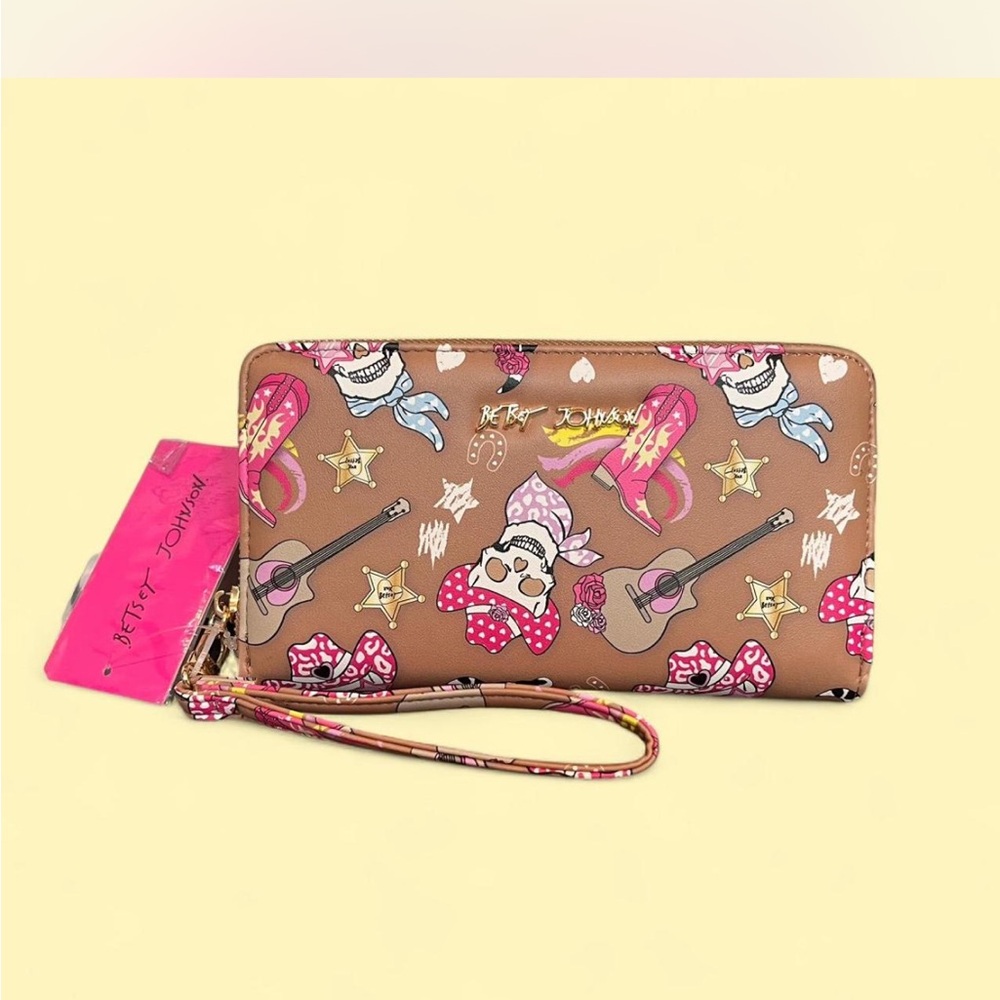 Betsey Johnson Brown Wristlet Wallet with Cowboy Skulls